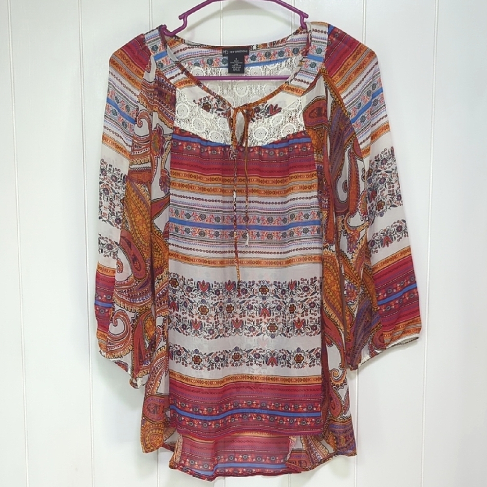 new directions Boho Lace-Trim Peasant Blouse in White, Red, Orange, Blue
